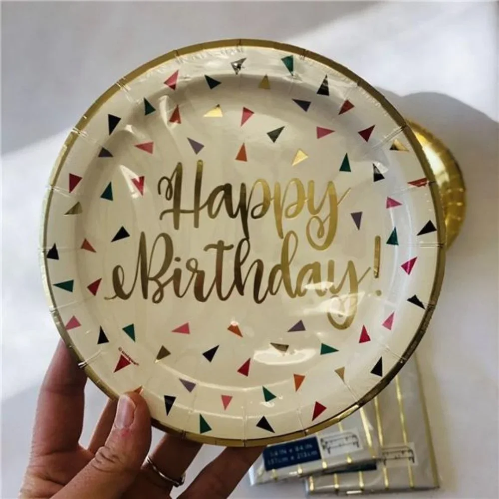 Gold Birthday Party Supplies - Plates and Tablecloth Pack for 16 people